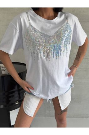 تی شرت سفید زنانه ریلکس یقه گرد تکی طراحی کد 831843106