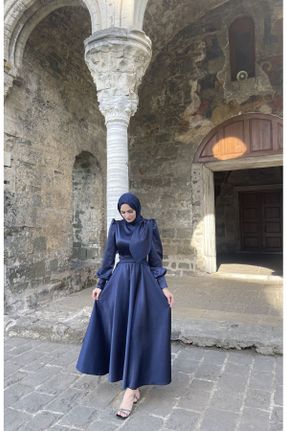 لباس مجلسی اسلامی سرمه ای زنانه یقه ایستاده پلی استر رگولار کد 704465755