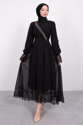لباس مجلسی اسلامی مشکی زنانه یقه گرد شیفون رگولار کد 238729862