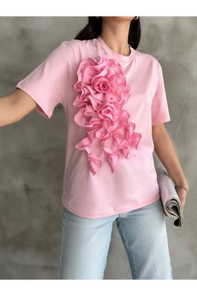 تی شرت صورتی زنانه ریلکس یقه گرد پنبه (نخی) تکی طراحی کد 820479706