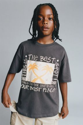 تی شرت طوسی بچه گانه اورسایز یقه گرد پنبه (نخی) جوان کد 818524606