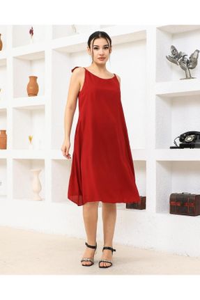 لباس قرمز زنانه بافتنی ویسکون اورسایز بند دار بیسیک کد 827070021