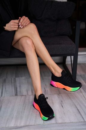 کفش اسنیکر مشکی زنانه بند دار پارچه نساجی کد 276300891