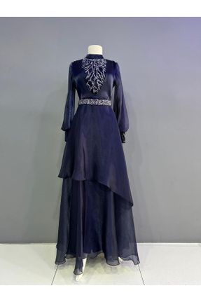 لباس مجلسی سرمه ای زنانه یقه گرد شیفون اسلیم کد 831290792