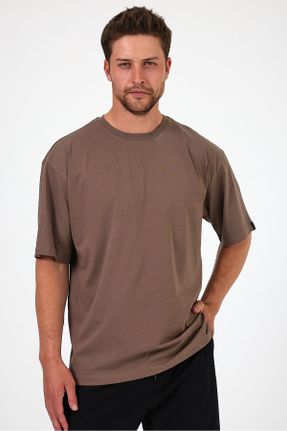 تی شرت قهوه ای مردانه اورسایز یقه گرد تکی بیسیک کد 831150864