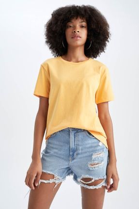 تی شرت زرد زنانه رگولار یقه گرد پنبه (نخی) تکی کد 299603941