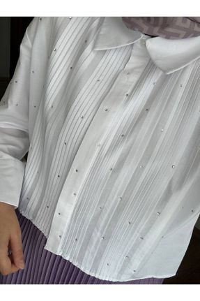 پیراهن سفید زنانه رگولار یقه پیراهنی پنبه - پلی استر کد 831417169