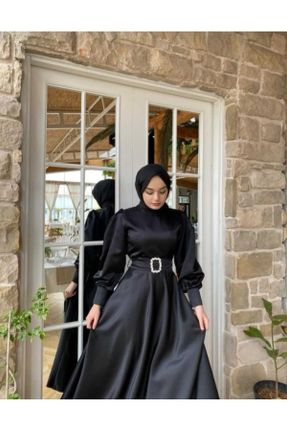 لباس مجلسی اسلامی مشکی زنانه یقه اسکی ساتن A-line کد 312895790