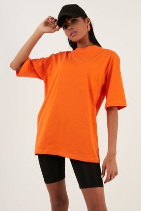 تی شرت نارنجی زنانه اورسایز یقه گرد تکی کد 470315741
