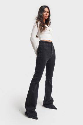 شلوار جین مشکی زنانه پاچه اسپانیولی فاق بلند جین ساده بلند کد 844778960