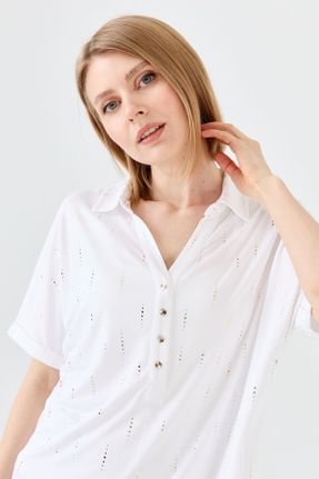 تی شرت سفید زنانه رگولار یقه پیراهنی ویسکون تکی کد 686936031