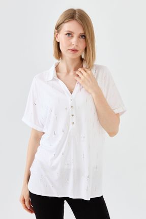 تی شرت سفید زنانه رگولار یقه پیراهنی ویسکون تکی کد 686936031