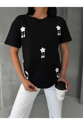 تی شرت مشکی زنانه ریلکس یقه گرد تکی طراحی کد 831963052