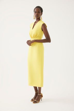 لباس زرد زنانه بافتنی پلی استر قلمی آستین-کوتاه کد 810659092