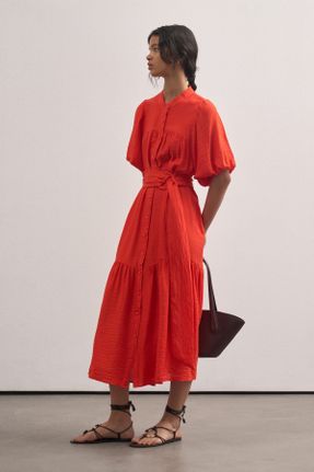 لباس نارنجی زنانه بافتنی مخلوط ویسکون ریلکس آستین-کوتاه کد 831000777