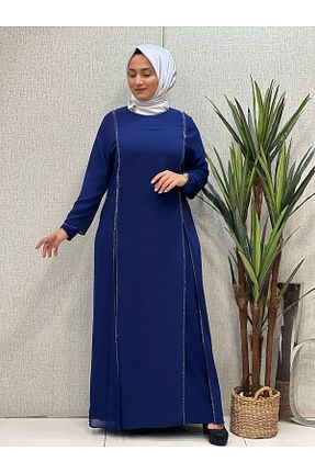 لباس مجلسی سایز بزرگ سرمه ای زنانه یقه گرد شیفون سایز بزرگ آستین بلند کد 777603066