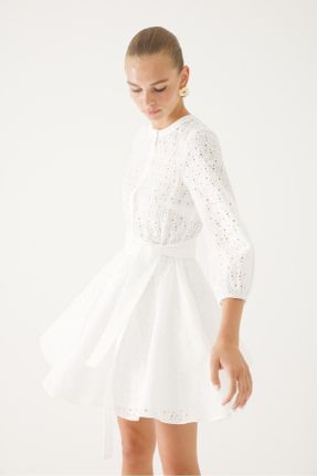 لباس سفید زنانه بافتنی پنبه - پلی استر راحت آستین سه ربع کد 833253908