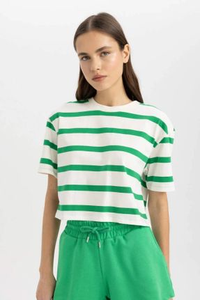 تی شرت سبز زنانه باکسی یقه گرد تکی کد 818615441