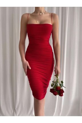 لباس قرمز زنانه بافتنی پنبه - پلی استر رگولار بند دار کد 265364500