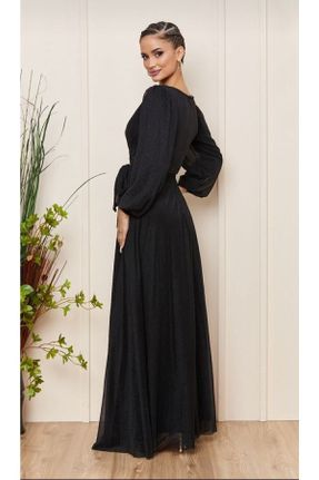 لباس مجلسی سایز بزرگ مشکی زنانه یقه دوبل تور سایز بزرگ آستین بلند کد 370562985