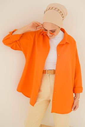 پیراهن نارنجی زنانه اورسایز آستین-بلند پنبه - پلی استر کد 345872024