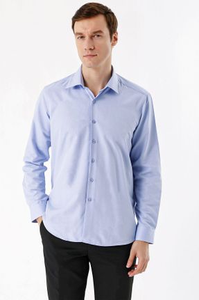 پیراهن آبی مردانه اسلیم فیت یقه ایتالیایی پنبه - پلی استر کد 733356281