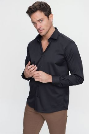 پیراهن مشکی مردانه اسلیم فیت یقه ایتالیایی پنبه - پلی استر کد 302436891