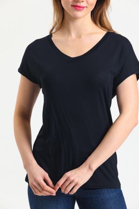 تی شرت مشکی زنانه رگولار یقه هفت بامبو تکی بیسیک کد 470424071