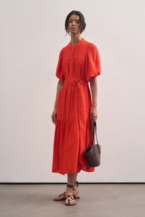 لباس نارنجی زنانه بافتنی مخلوط ویسکون ریلکس آستین-کوتاه کد 831000777