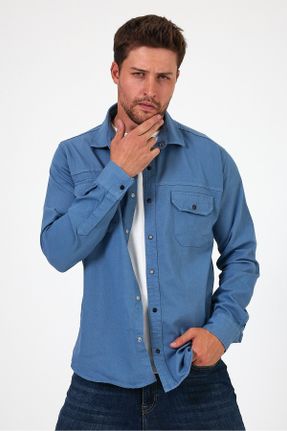 پیراهن آبی مردانه رگولار یقه پیراهنی پنبه (نخی) کد 831838771