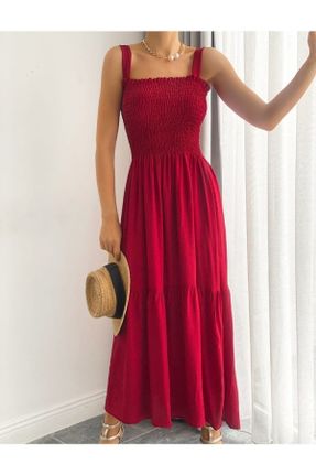 لباس زرشکی زنانه بافت بافت طرح گلدار رگولار بند دار کد 335102868