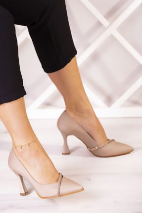 کفش مجلسی بژ زنانه پاشنه نازک پاشنه متوسط ( 5 - 9 cm ) پارچه نساجی کد 465013086
