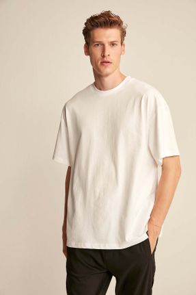 تی شرت سفید مردانه اورسایز یقه گرد تکی جوان کد 43863229
