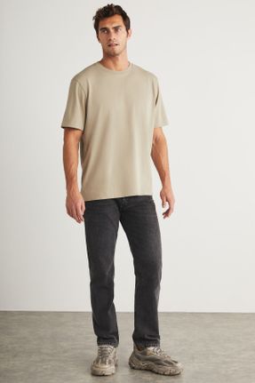 تی شرت بژ مردانه اورسایز یقه گرد تکی جوان کد 802136812