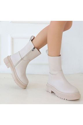 بوت / نیم بوت بژ زنانه چرم مصنوعی TUGERDİ - کد 845056852