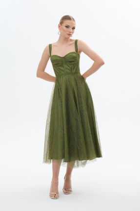 لباس مجلسی سبز زنانه تور آویزی اسلیم فیت یقه قلب آستر دار کد 831955260