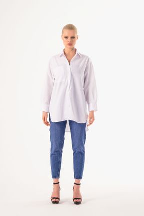 پیراهن سفید زنانه رگولار یقه پیراهنی پنبه (نخی) کد 824024262