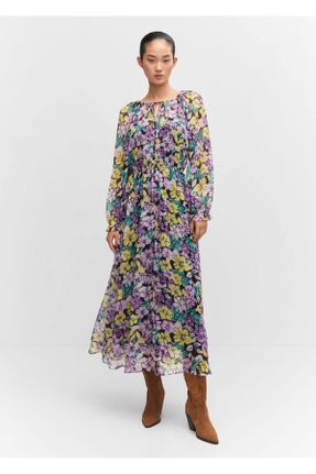 لباس بنفش زنانه بافت پلی استر طرح گلدار رگولار آستین-بلند کد 801628976