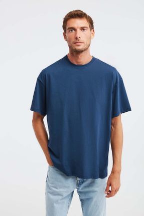 تی شرت آبی مردانه اورسایز یقه گرد تکی جوان کد 144097165