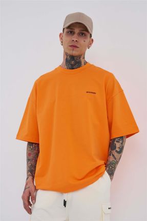 تی شرت نارنجی مردانه اورسایز یقه گرد پنبه (نخی) تکی کد 688647109