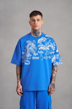 تی شرت آبی مردانه اورسایز یقه گرد پنبه (نخی) تکی جوان کد 818225695