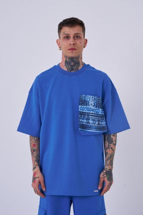 تی شرت آبی مردانه اورسایز یقه گرد پنبه (نخی) تکی جوان کد 816891977