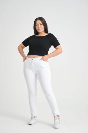 شلوار جین سایز بزرگ سفید زنانه پاچه تنگ فاق بلند بلند پنبه (نخی) کد 827885677