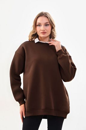 سوئیشرت قهوه ای زنانه ساده YAKAMEL - کد 808838976