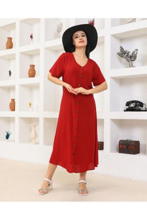 لباس قرمز زنانه بافتنی ویسکون اورسایز آستین-کوتاه بیسیک کد 829778760