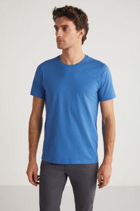 تی شرت آبی مردانه یقه گرد تکی جوان کد 802134356