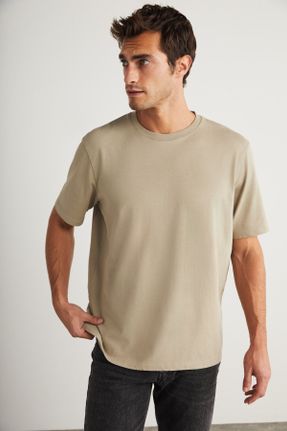 تی شرت بژ مردانه اورسایز یقه گرد تکی جوان کد 802136812