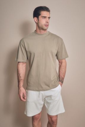 تی شرت خاکی مردانه رگولار یقه ایستاده کد 814293459