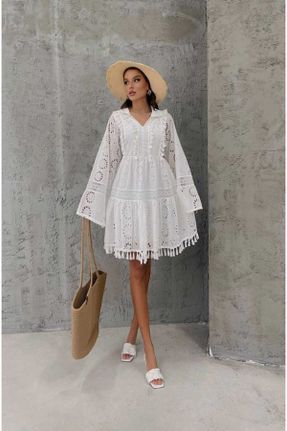 لباس سفید زنانه بافتنی دانتل آستین-بلند کد 805211224