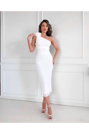 لباس مجلسی سفید زنانه تور بدون آستین اسلیم یقه آسیمتریک آستر دار کد 832160543
